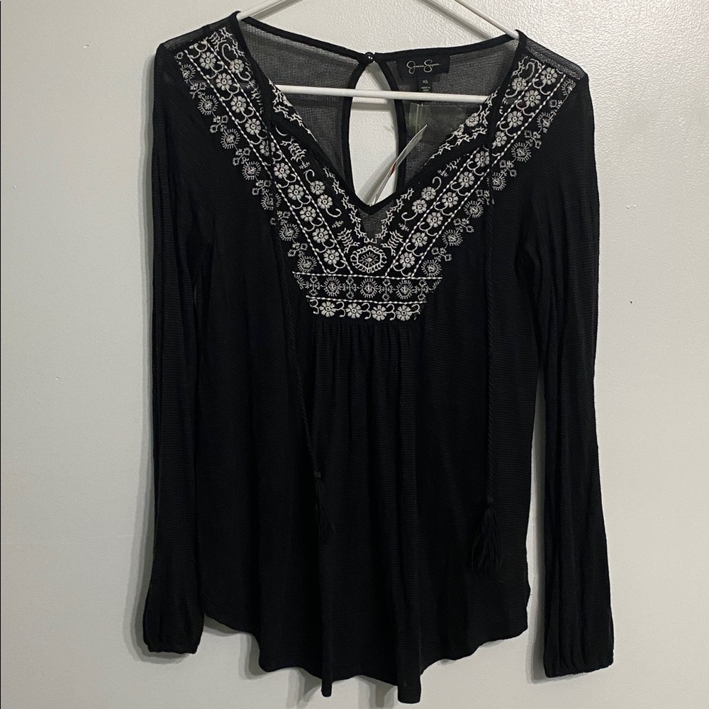 Black Long Sleeve Top with White Embroidery